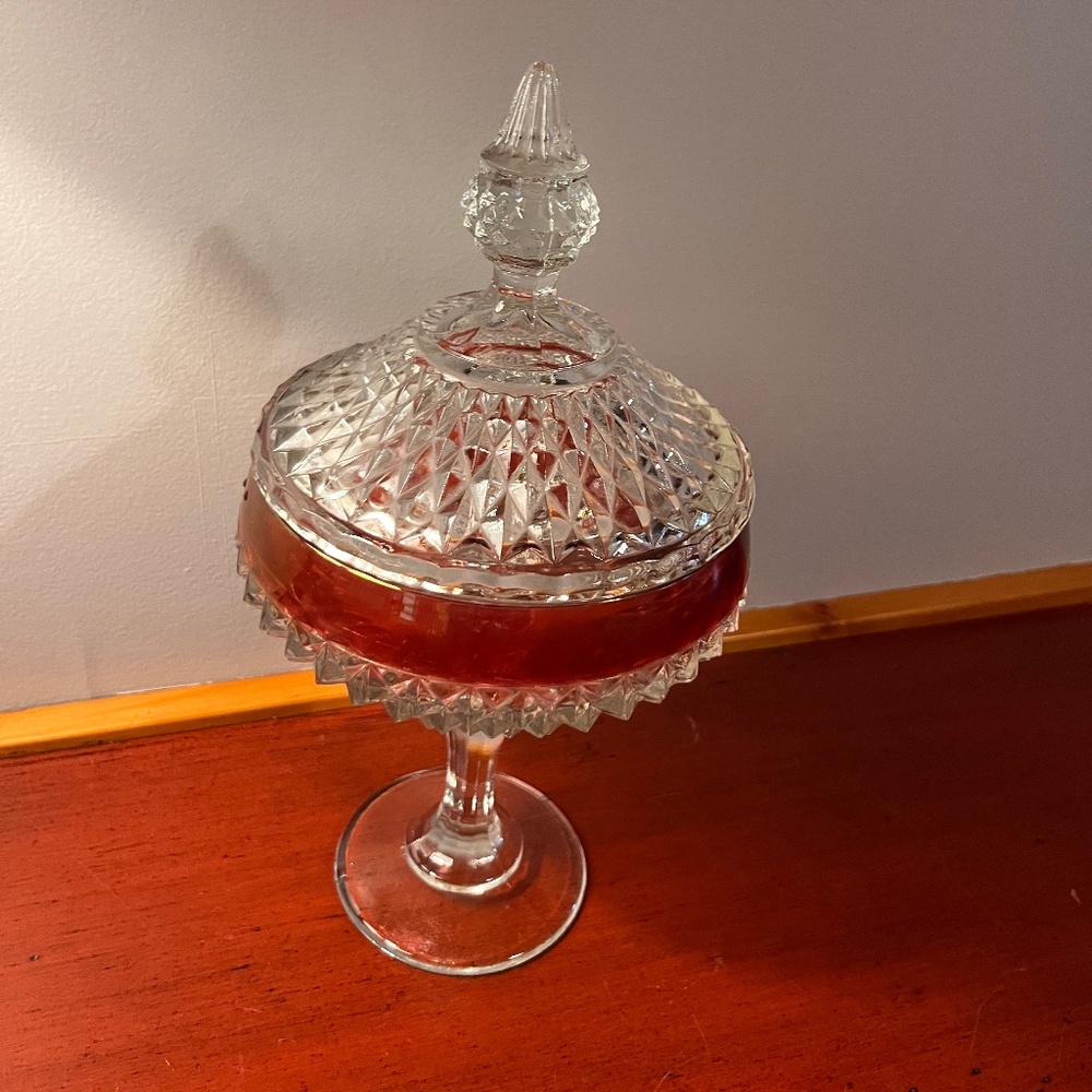 Vintage Indiana Glass Diamond Point Pattern Ruby Flash Lidded Compote/Candy Dish